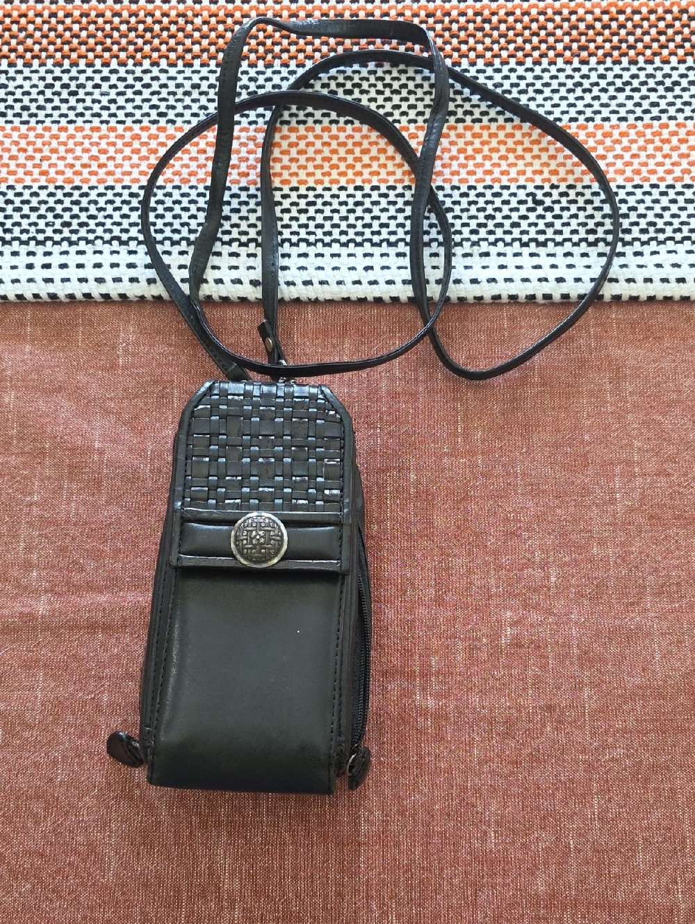 Brighton Black Woven Leather Crossbody Phone Pouch